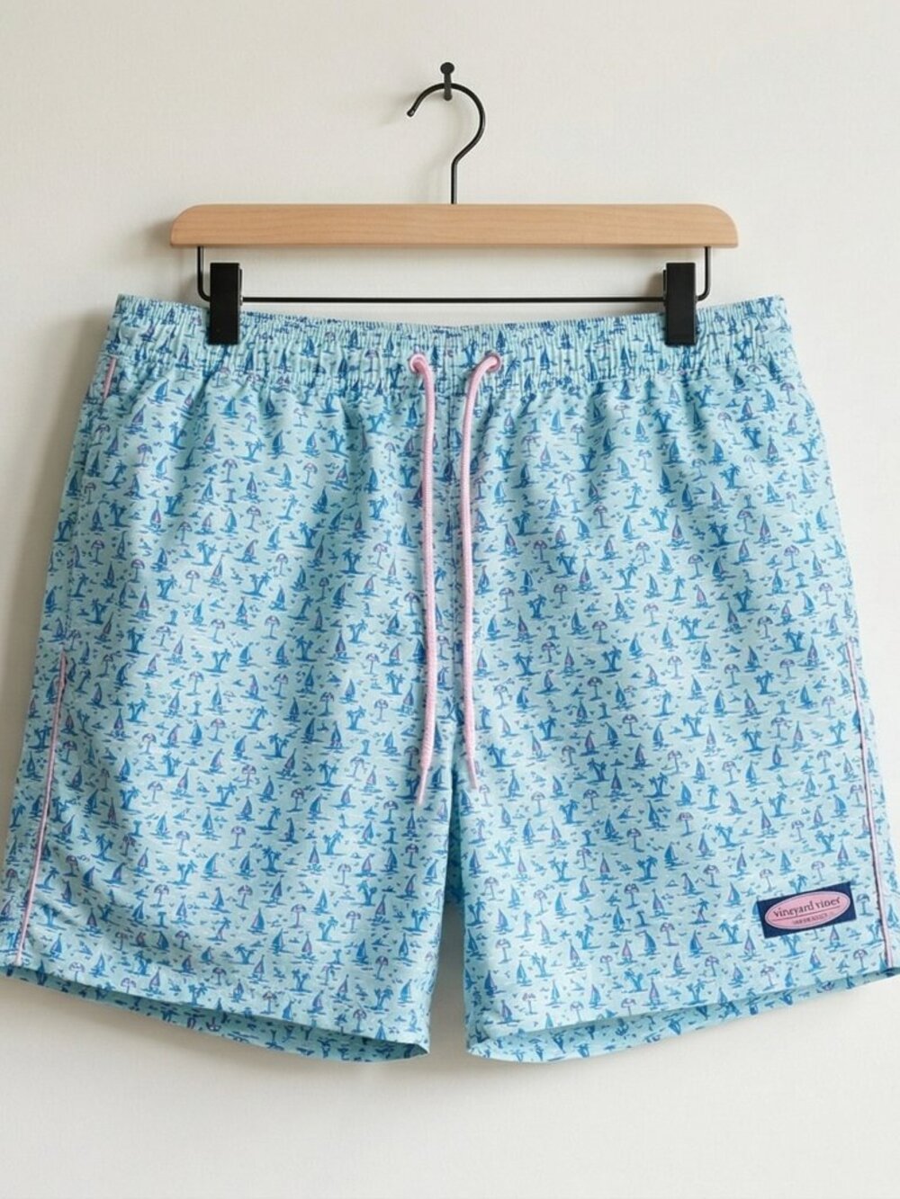 Vineyard Vines Men’s Light Blue Boat Print Swim Trunks with Pink Drawstring